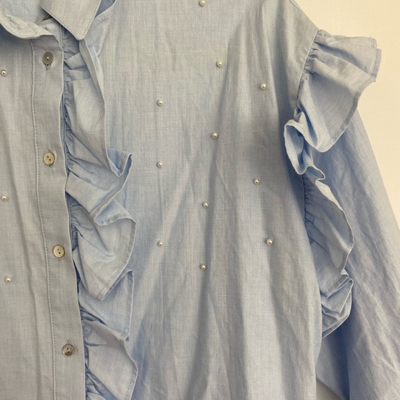 Zara Sky Blue Ruffle Button Up Blouse With Pearls - Picture 7 of 7